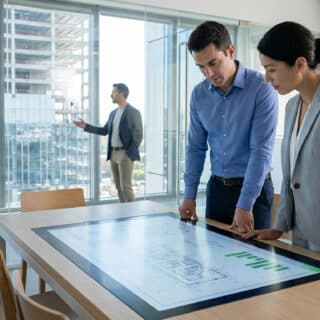 Deux professionnels analysent des plans de construction numériques sur une table tactile dans un bureau avec vue sur chantier.