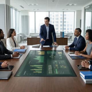 Groupe de professionnels en réunion autour d'une table tactile affichant des données dans un bureau moderne.
