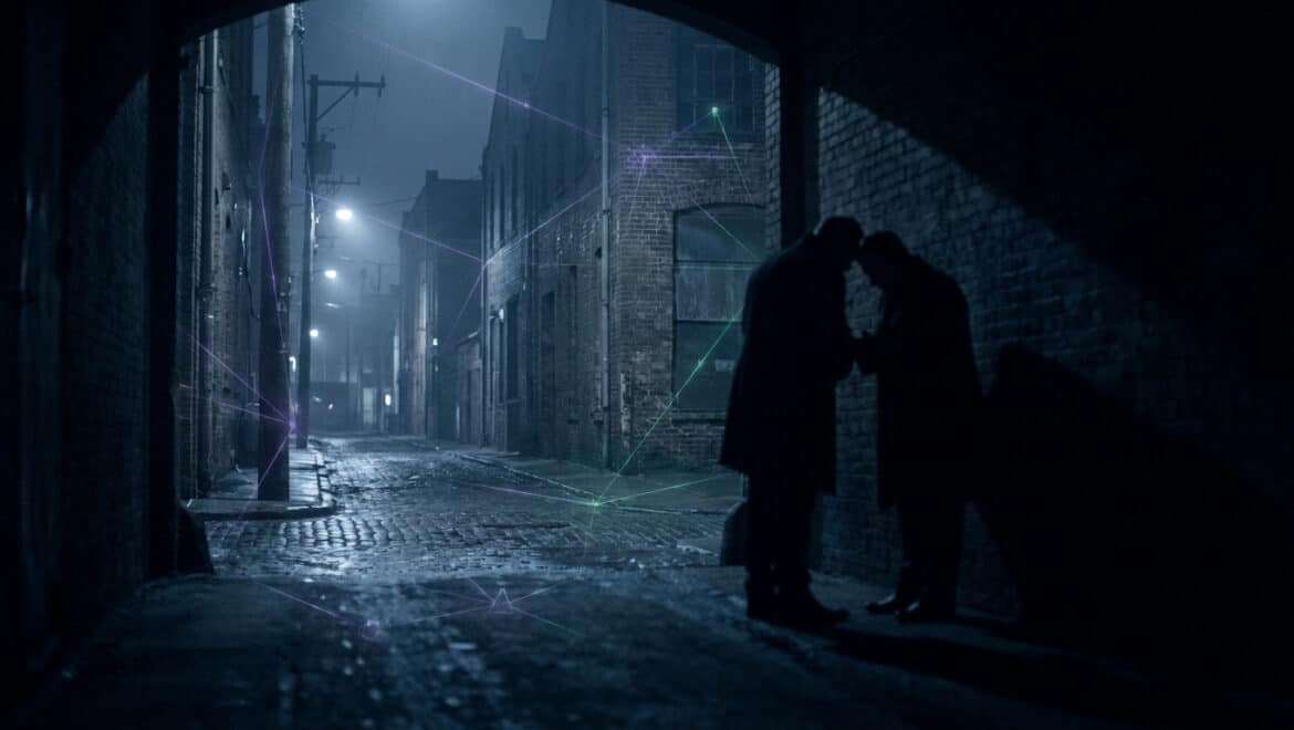 Deux silhouettes discutent dans une ruelle sombre avec des lignes de connexion numériques reliant les bâtiments.