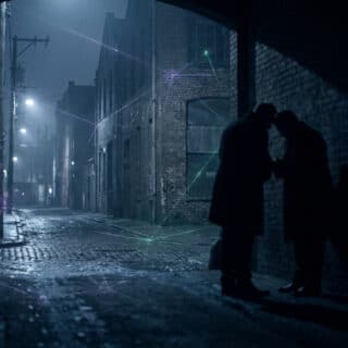 Deux silhouettes discutent dans une ruelle sombre avec des lignes de connexion numériques reliant les bâtiments.
