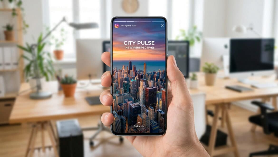 Main tenant un smartphone affichant une story Instagram au format vertical avec une vue sur une ville au coucher du soleil.