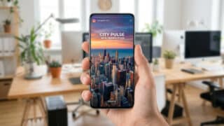 Main tenant un smartphone affichant une story Instagram au format vertical avec une vue sur une ville au coucher du soleil.