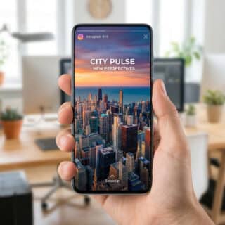 Main tenant un smartphone affichant une story Instagram au format vertical avec une vue sur une ville au coucher du soleil.