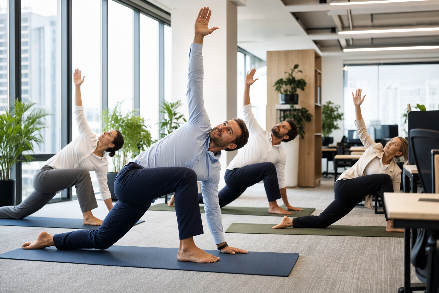 Collaborateurs pratiquant une séance de yoga en entreprise
