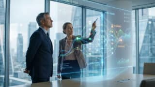 Deux cadres d'entreprise analysent des graphiques holographiques sur la théorie de l'agence dans un bureau moderne.