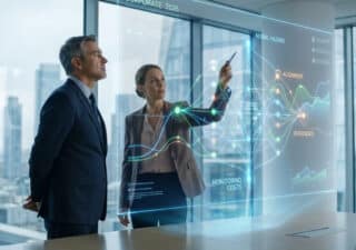 Deux cadres d'entreprise analysent des graphiques holographiques sur la théorie de l'agence dans un bureau moderne.