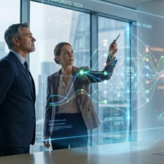Deux cadres d'entreprise analysent des graphiques holographiques sur la théorie de l'agence dans un bureau moderne.