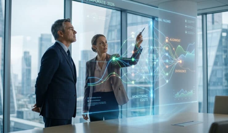 Deux cadres d'entreprise analysent des graphiques holographiques sur la théorie de l'agence dans un bureau moderne.