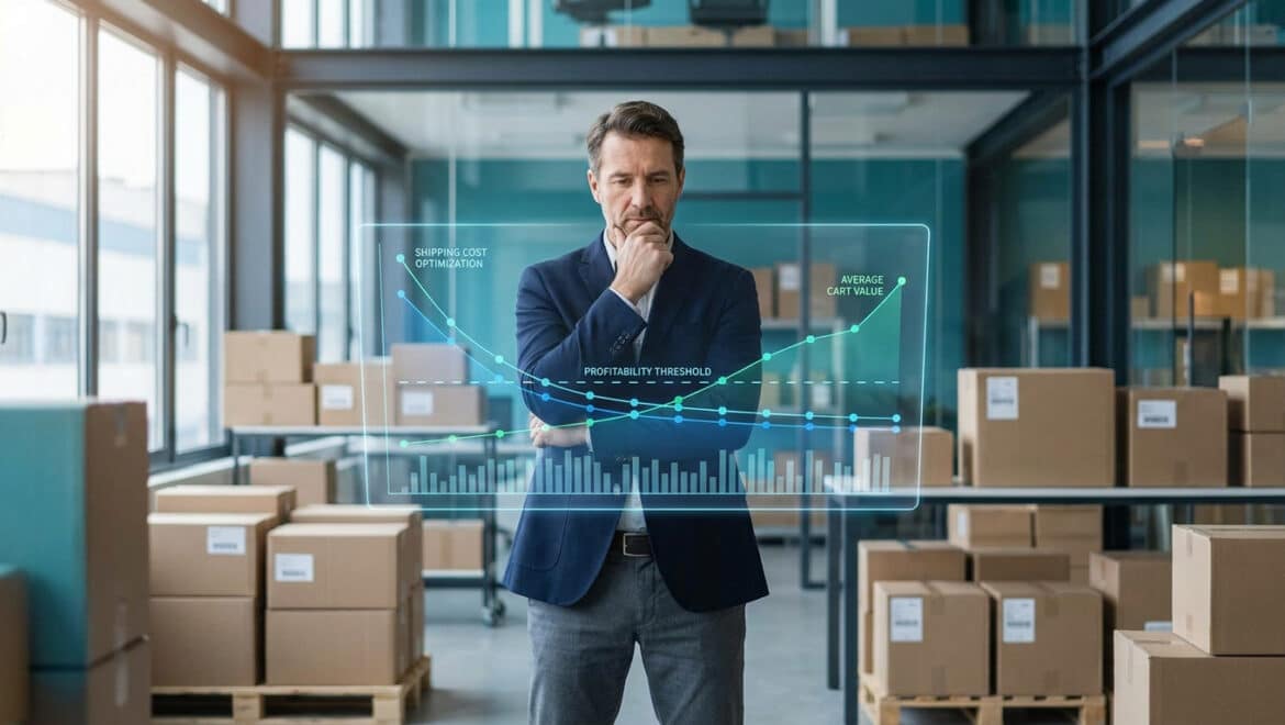 Un homme d'affaires réfléchi dans un entrepôt avec un écran holographique affichant des graphiques de logistique.