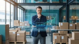 Un homme d'affaires réfléchi dans un entrepôt avec un écran holographique affichant des graphiques de logistique.
