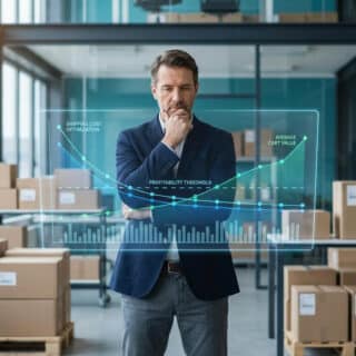 Un homme d'affaires réfléchi dans un entrepôt avec un écran holographique affichant des graphiques de logistique.