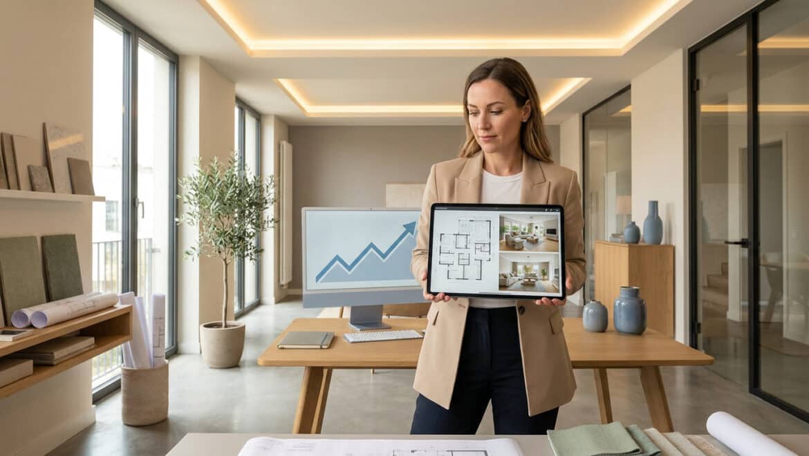 Architecte d'intérieur présentant un plan sur tablette devant un écran affichant une courbe de croissance en entreprise.
