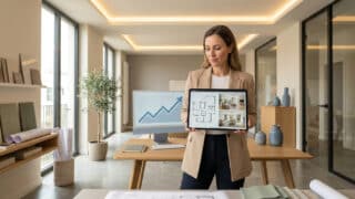 Architecte d'intérieur présentant un plan sur tablette devant un écran affichant une courbe de croissance en entreprise.