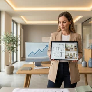 Architecte d'intérieur présentant un plan sur tablette devant un écran affichant une courbe de croissance en entreprise.