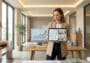 Architecte d'intérieur présentant un plan sur tablette devant un écran affichant une courbe de croissance en entreprise.