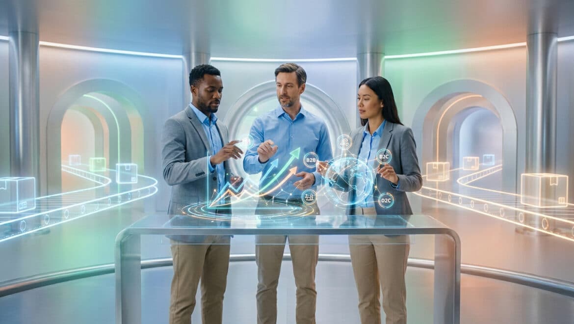 Trois professionnels analysent des données de vente en e-commerce sur une interface holographique futuriste.