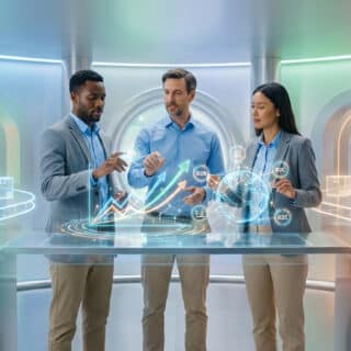 Trois professionnels analysent des données de vente en e-commerce sur une interface holographique futuriste.