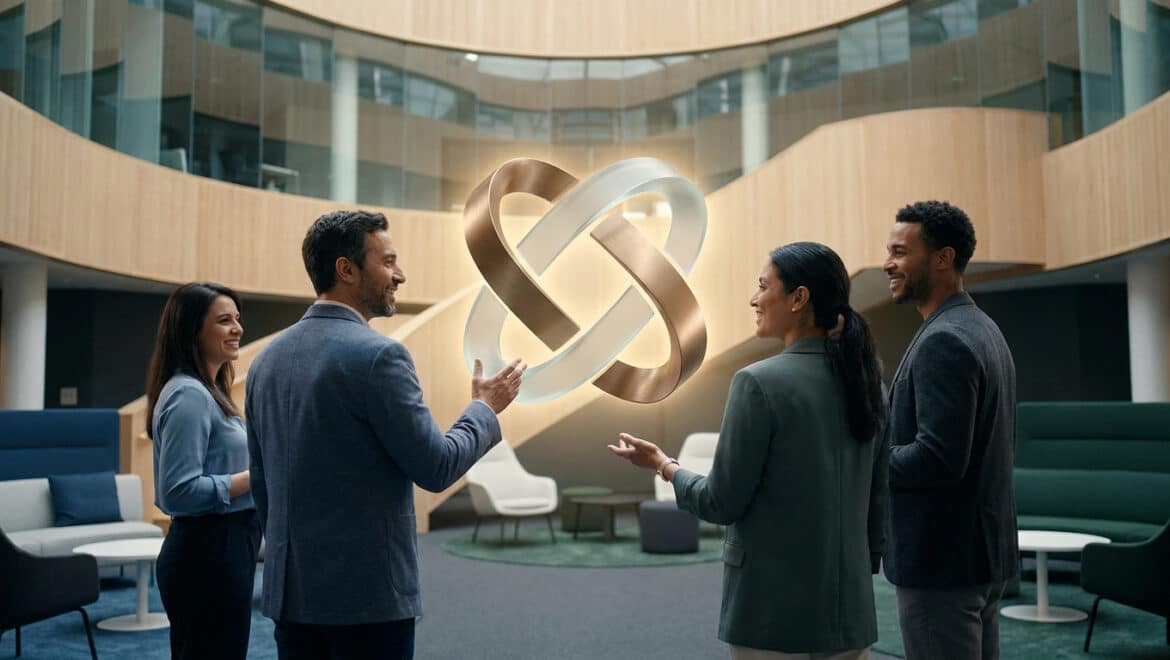 Quatre professionnels discutant autour d'un logo 3D abstrait dans un hall de bureau moderne et lumineux.