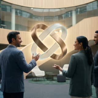 Quatre professionnels discutant autour d'un logo 3D abstrait dans un hall de bureau moderne et lumineux.