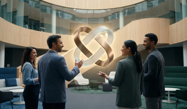 Quatre professionnels discutant autour d'un logo 3D abstrait dans un hall de bureau moderne et lumineux.