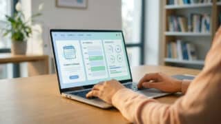 Personne utilisant un ordinateur portable affichant un tableau de bord académique avec calendrier et notes.