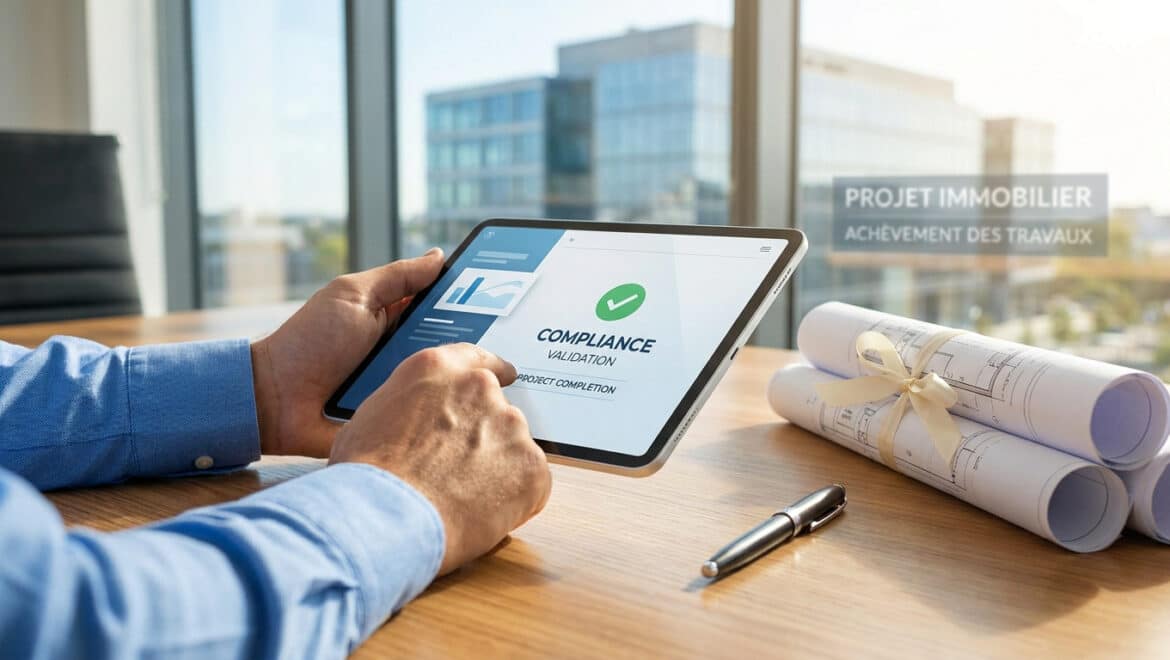 Mains tenant une tablette affichant la validation de conformité d'un projet devant des plans d'architecte.