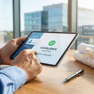 Mains tenant une tablette affichant la validation de conformité d'un projet devant des plans d'architecte.