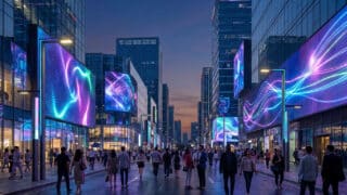 Rue piétonne moderne et animée par des écrans publicitaires géants et lumineux avec des effets graphiques colorés.