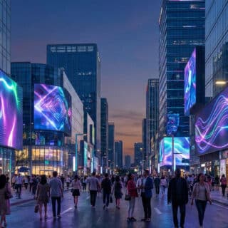 Rue piétonne moderne et animée par des écrans publicitaires géants et lumineux avec des effets graphiques colorés.