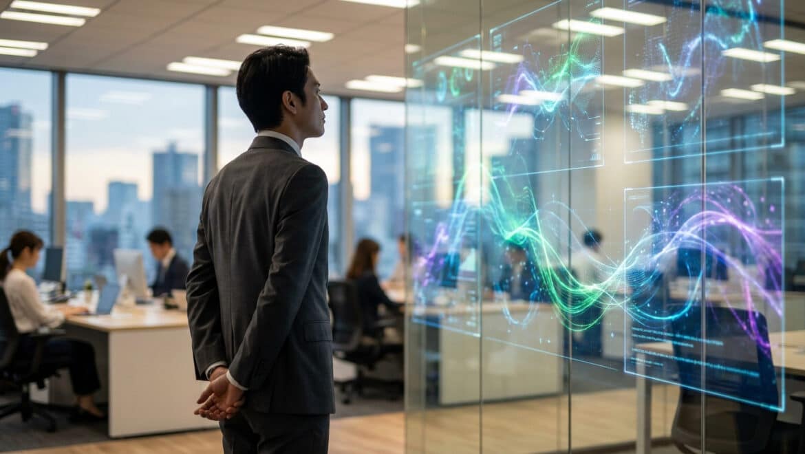 Un cadre d'entreprise observe des données numériques en temps réel sur une paroi en verre dans un bureau moderne.