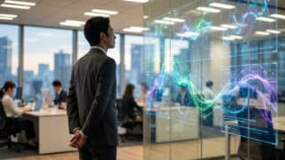 Un cadre d'entreprise observe des données numériques en temps réel sur une paroi en verre dans un bureau moderne.