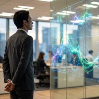 Un cadre d'entreprise observe des données numériques en temps réel sur une paroi en verre dans un bureau moderne.