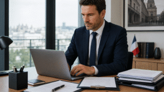 Homme en costume travaillant sur ordinateur portable au bureau