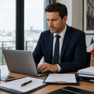 Homme en costume travaillant sur ordinateur portable au bureau
