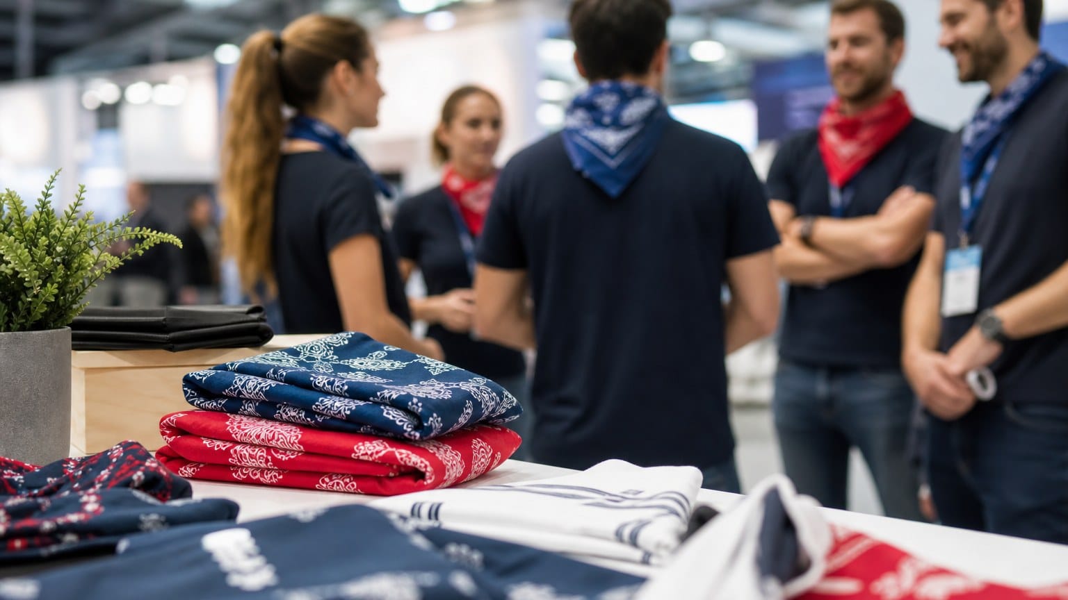 Bandanas textiles personnalisés présentés lors d’un événement professionnel