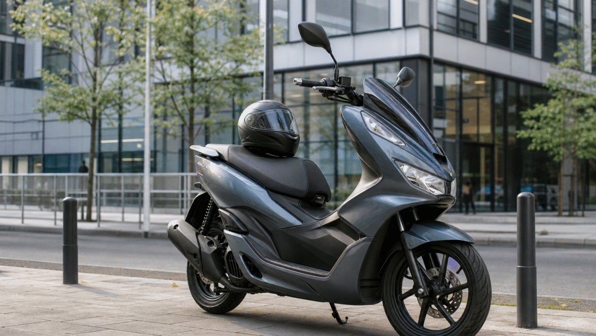 Scooter 125 garé en ville devant des bureaux
