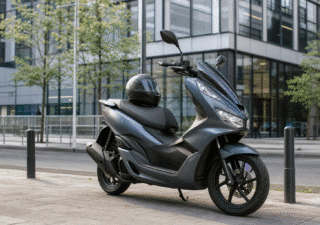 Scooter 125 garé en ville devant des bureaux