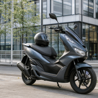 Scooter 125 garé en ville devant des bureaux