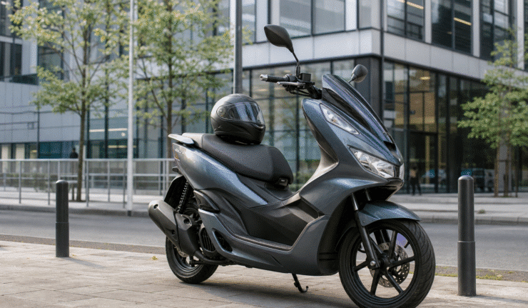 Scooter 125 garé en ville devant des bureaux