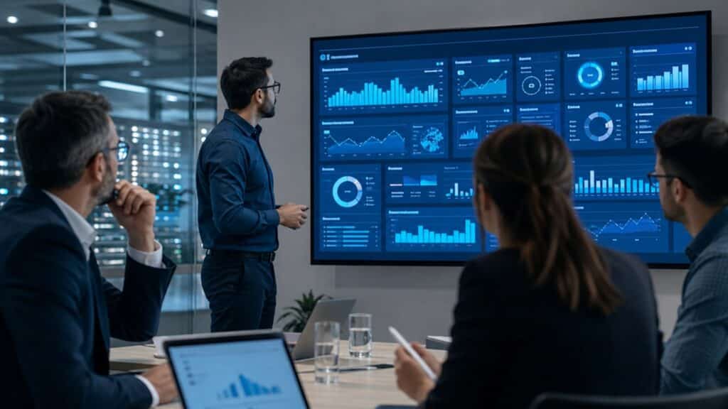 Réunion de direction autour d’un tableau de bord informatique