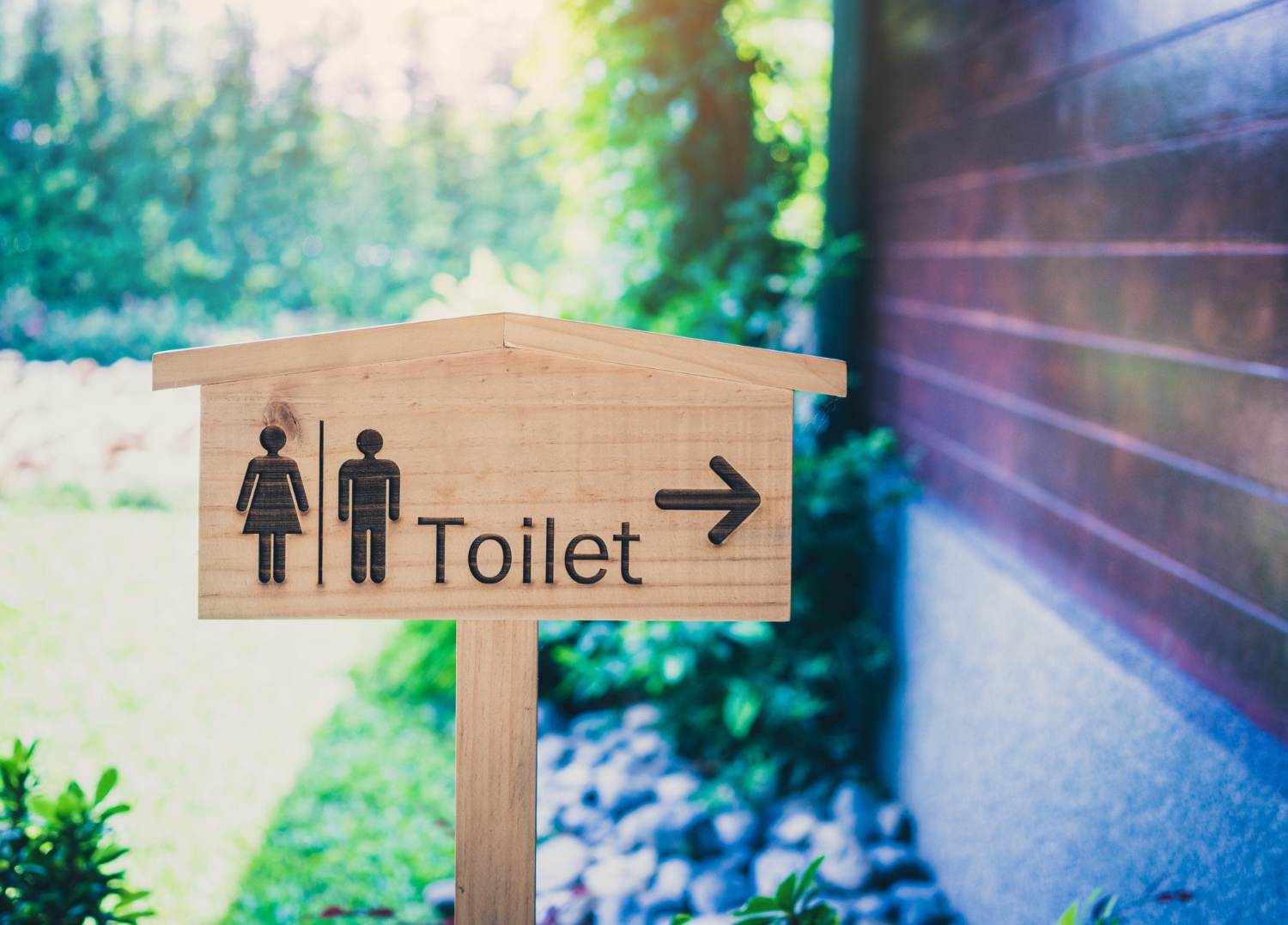 Un panneau indique la direction des toilettes.