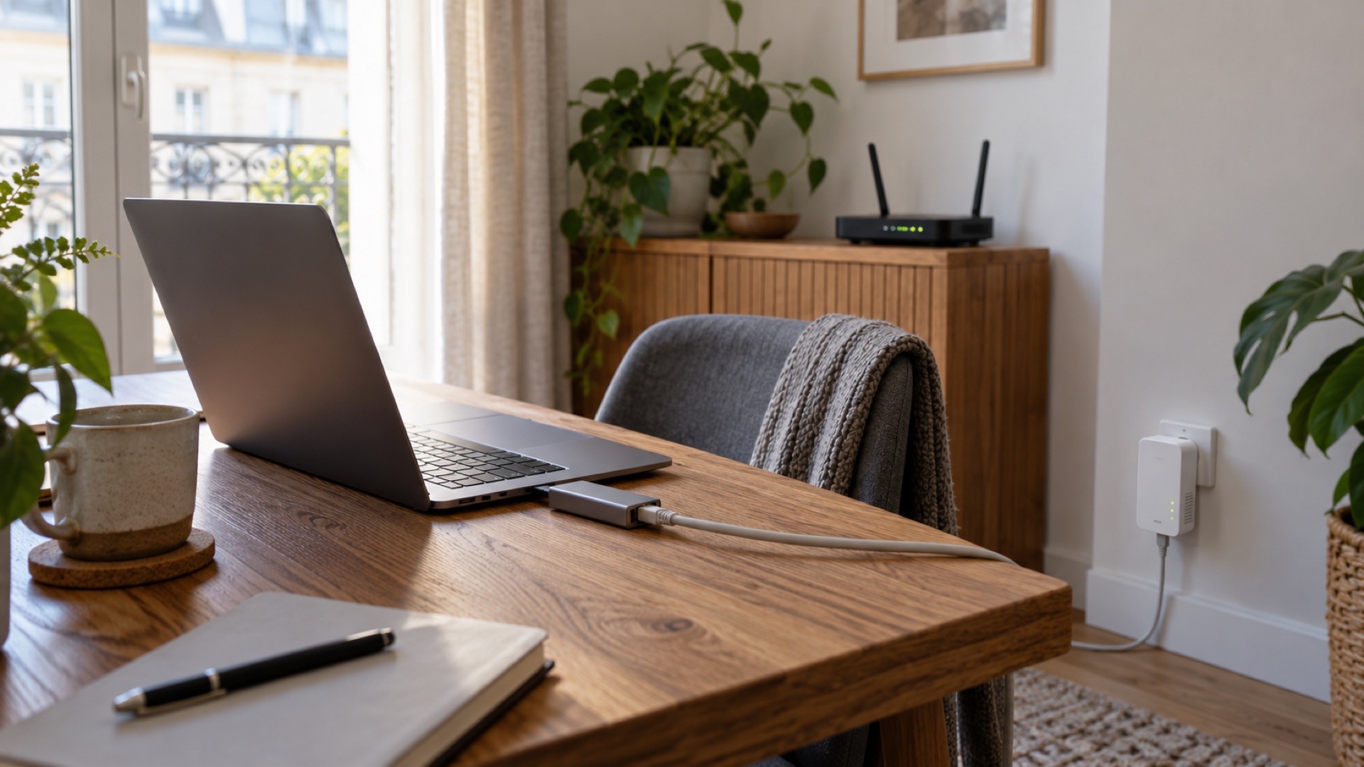 Bureau de teletravail avec cable Ethernet