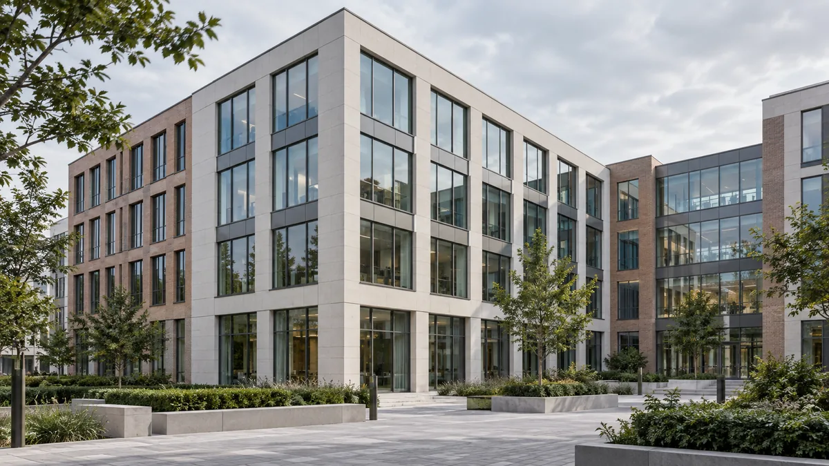 Illustration générée par IA d'un immeuble de bureaux européen générique