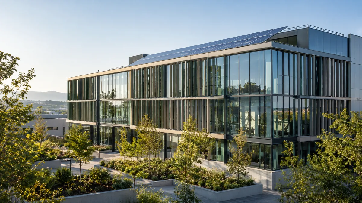 Bâtiment tertiaire équipé de panneaux solaires pour améliorer sa performance énergétique